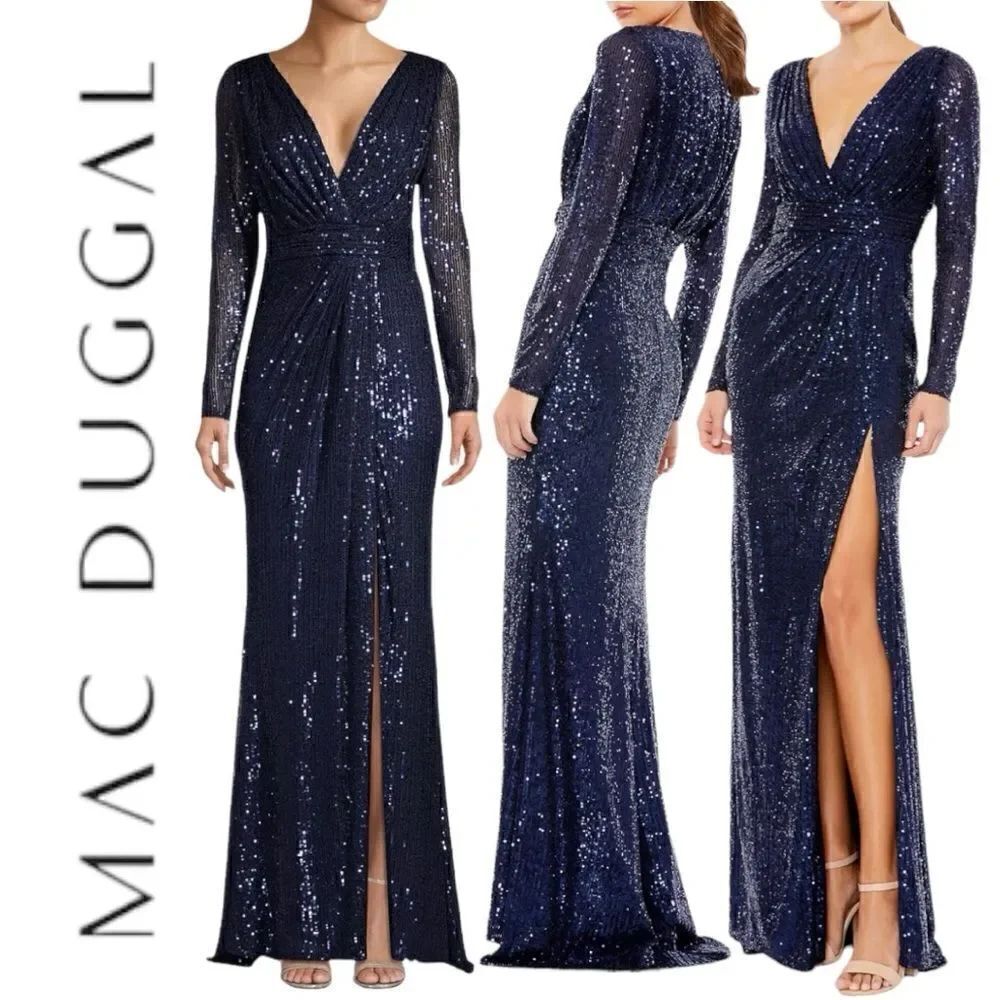MAC DUGGAL Women’s Sequined Long Sleeves Gown in the Size 12 in Midnight Blue